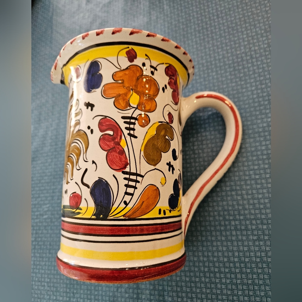 Ceramic pitcher hand painted in Italy with iconic rooster.